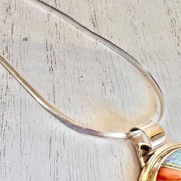 VTG Native Navajo Spiny & Opal Sterling Silver Necklace Vintage Unisex Necklace - Picture 8 of 10